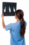 Female Doctor Looking At Patient's X-ray Report Stock Photo