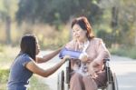 Asian Senior Woman Broken Wrist Stock Photo