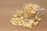 Dried Yellow Chrysanthemum , Flower Tea In Glass Stock Photo