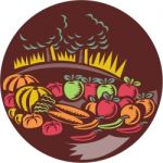 Orchard Crop Harvest Circle Woodcut Stock Photo