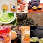 Collection Of Different Herbal Tea Infusion Collage Stock Photo