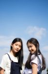 Two Asia Thai High School Student Best Friends Beautiful Girl Smile And Funny Stock Photo