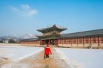 Seoul, South Korea - January 19: Tourists Taking Photos Of The Beautiful Scenery Around Gyeongbokgung Palace On January 19, 2015 In Seoul, South Korea Stock Photo