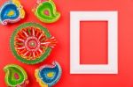 Happy Diwali Day, Flat Lay Top View Colorful Clay Diya Lamps And Stock Photo