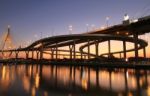 Night View Of Bhumibol Bridge In Thailand, Also Known As The Industrial Ring Road Bridge Stock Photo