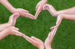 Many Arms Of Children Construct Heart Above Grass Stock Photo