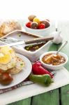 Goose Liver And Sauternes Pate With Peppers, Tomatoes, Sliced Br Stock Photo