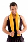 Smiling Young Man Holding Towel Stock Photo