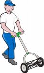 Gardener Mowing Lawn Cartoon Stock Photo