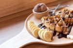 Belgian Waffles With Fruit And Chocolate, Forest Fruit, All Home Stock Photo