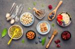 Ingredients For The Healthy Foods Background Mixed Nuts, Honey, Stock Photo