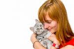 Girl Hugging Young Silver Tabby Cat Stock Photo