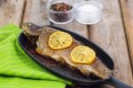 Delicious Baked Rainbow Trout With Lemon Straight From The Oven Stock Photo