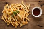 Fries French Ketchup Herb Still Life Flat Lay Stock Photo