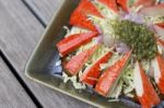 Closeup Spicy Crab Stick Salad With Fresh Cabbage Stock Photo