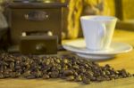 Cup Of Coffee, Coffee-beans, Coffee Grinder, Coffee Sack	 Stock Photo