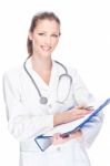 Doctor With Papers And Stethoscope Stock Photo