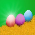 Colorful Easter Eggs Sitting On Grass Field Stock Photo