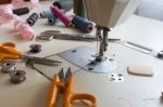 Tailor, Tailoring Table And Utensils Stock Photo