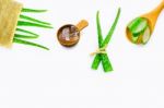 Aloe Vera Fresh Leaves With Aloe Vera Gel On Wooden Spoon Stock Photo