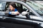 Handsome Man Parking His New Car Safely Stock Photo