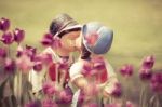 Two Kissing Dolls In Tulip Garden Stock Photo