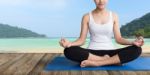 Women Meditation Yoga On Wood Balcony Beach Background Stock Photo