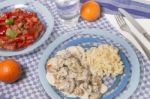 Pork Beef Stroganoff With Mushrooms Stock Photo