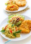 Thai Green Curry  Spaghetti With Fried Chicken Stock Photo