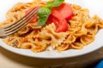 Italian Pasta Farfalle Butterfly Bow-tie And Tomato Sauce Stock Photo