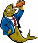 Herring Fish Business Suit Drinking Beer Bottle Stock Photo