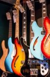 Electric Guitars On Display In A Music Shop Stock Photo