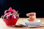 Strawberry And Cake On Table Stock Photo