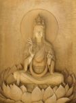 Kuan Yin Image Of Buddha , Wood Carving In A Thai Temple Stock Photo