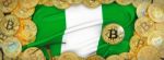 Bitcoins Gold Around Nigeria  Flag And Pickaxe On The Left.3d Il Stock Photo