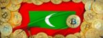 Bitcoins Gold Around Maldives  Flag And Pickaxe On The Left.3d I Stock Photo