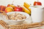 Bowl Of Muesli For Breakfast With Fruits Stock Photo