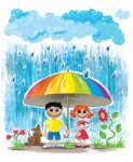 Rainy Day Children Hiding Dog Cat Umbrella Stock Photo