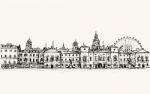 City Scape Drawing In London, England, Show Old Castle And Carousel, Illustration Stock Photo