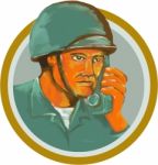 American Soldier Serviceman Calling Radio Watercolor Stock Photo