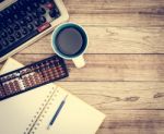 Office Desk With Coffee Background Stock Photo