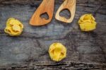 Italian Foods Concept And Menu Design. Dried Homemade Fettuccine Stock Photo