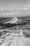 Pristine Beachfront At North Point, Moreton Island. Black And White Stock Photo