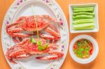 Steamed Crab And Sauce On The Table Stock Photo