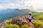 Girl Tourist Scenic Mountains Stock Photo