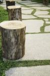 Wooden Stool On Green Garden Stock Photo