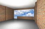 Empty Room With Brick Wall, Sky Background Stock Photo