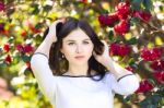 Young Beautiful Woman With Long Straight Dark Hair Posing In Spr Stock Photo