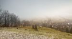 Late Autumn Misty Morning In A Village. First Snow Stock Photo