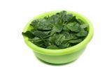 Bunch Of Fresh Spinach On A Green Bowl Stock Photo